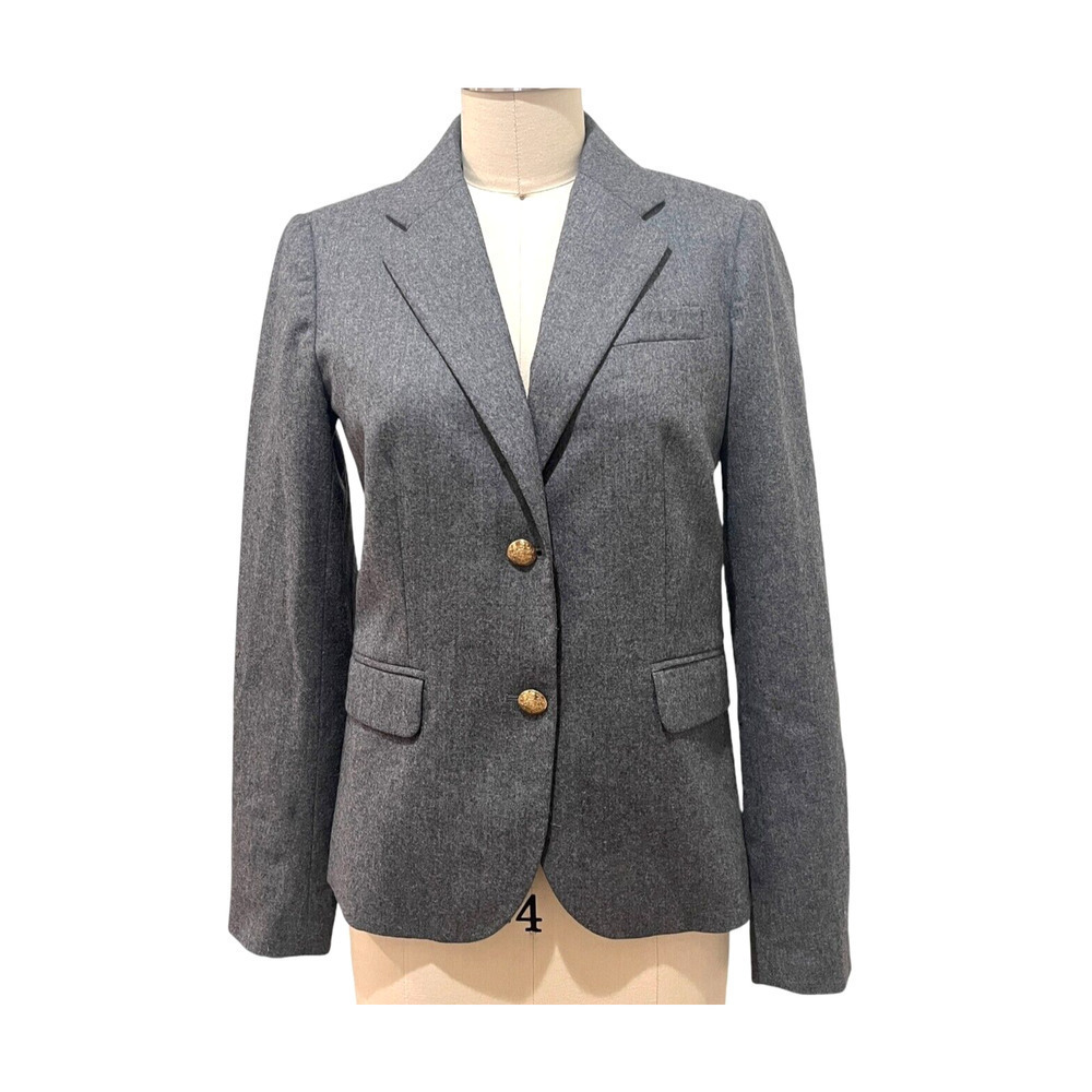 J. Crew Blazer Womens sz 2 Gray 100% Wool Jacket Gold Crest Buttons